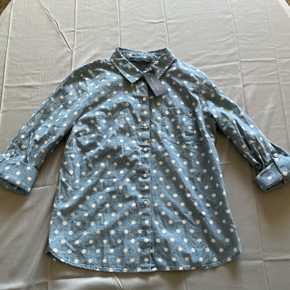 Tommy HilfigerWomens Blue Polka Dot Chambray ShirtRoll-Tab Sleeves shirt